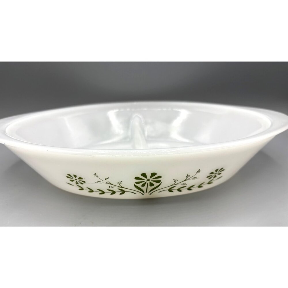 Vintage Glasbake Green Floral Daisy Divided Casserole Milk‎ Glass
